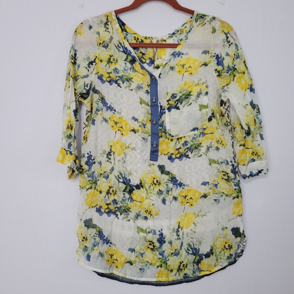 Aratta Silent Journey Floral 3/4 Sleeve Contrast Back Top size S Boho Cottage